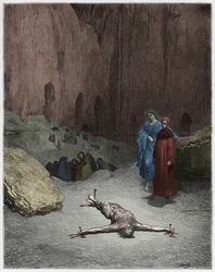 Inferno, Canto 23: A crucified Pharisee among the hypocrites, illustration from The Divine Comedy by Dante Alighieri, 1885